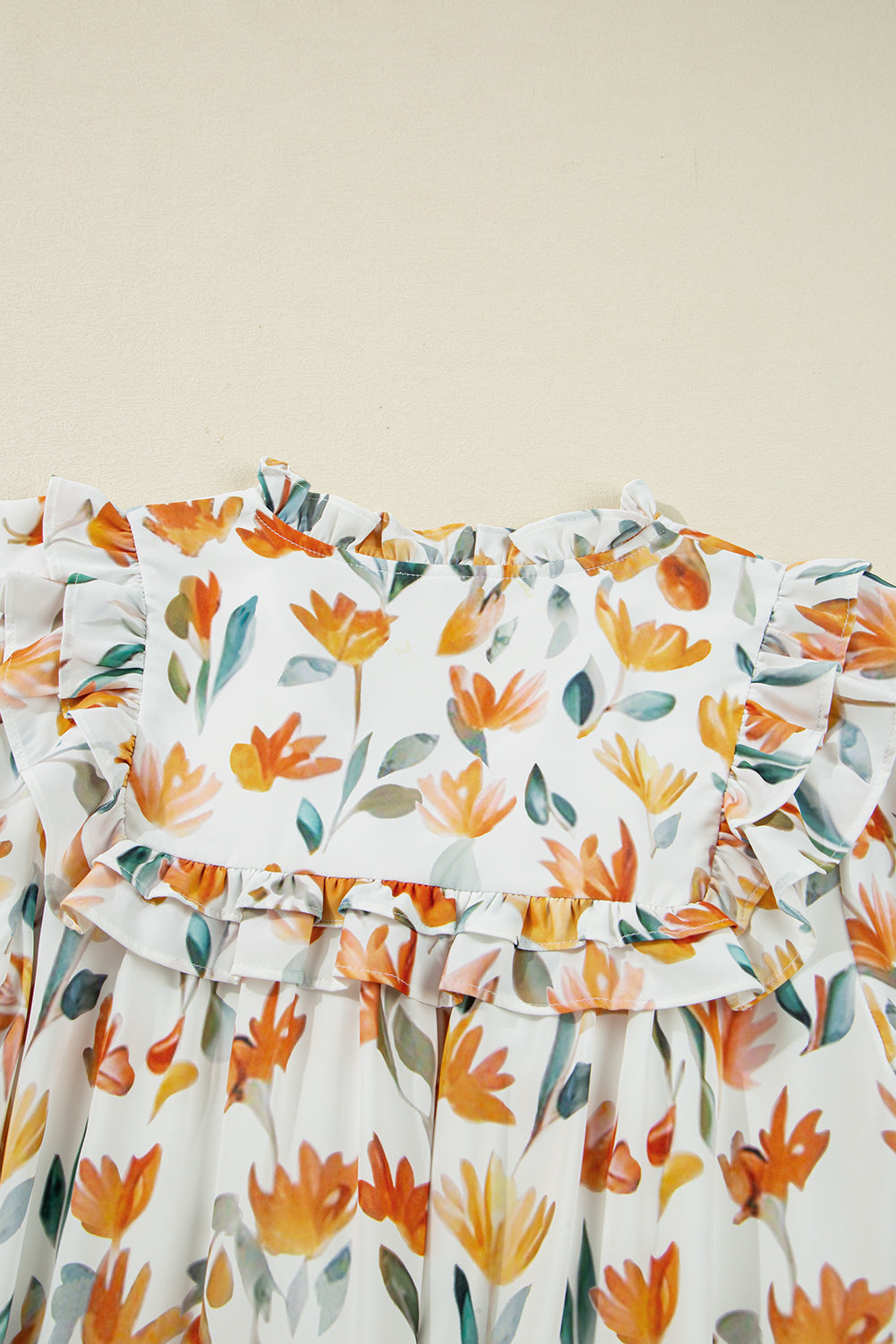 Yellow Floral Print Tie Neck Frilled Long Sleeve Mini Dress