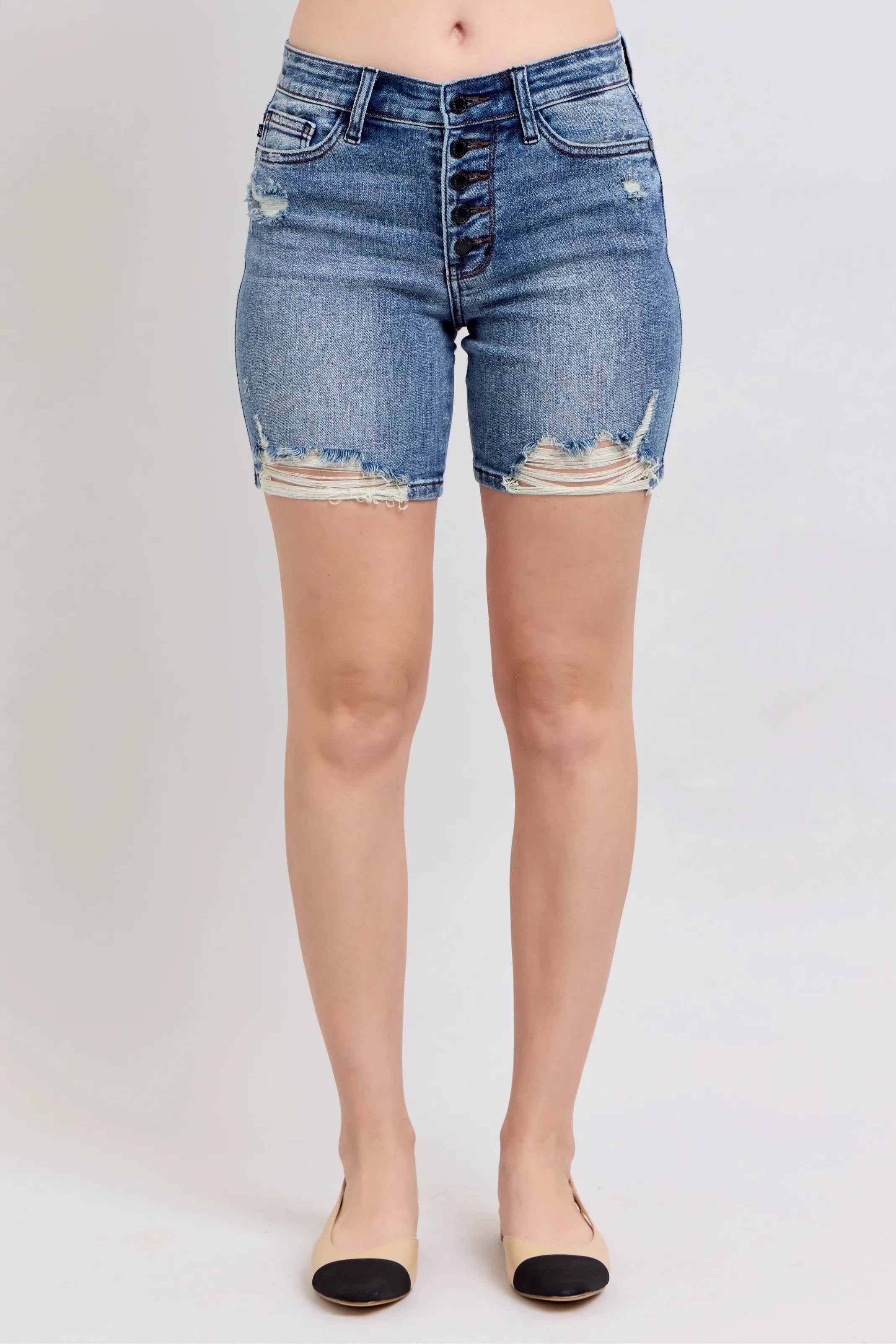 Judy Blue Button Fly Mid Length Distressed Denim Shorts