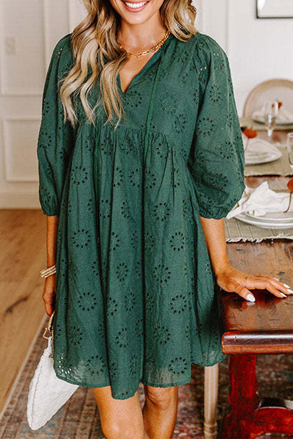Blackish Green Eyelet Embroidered Swing Dress Puff Sleeve