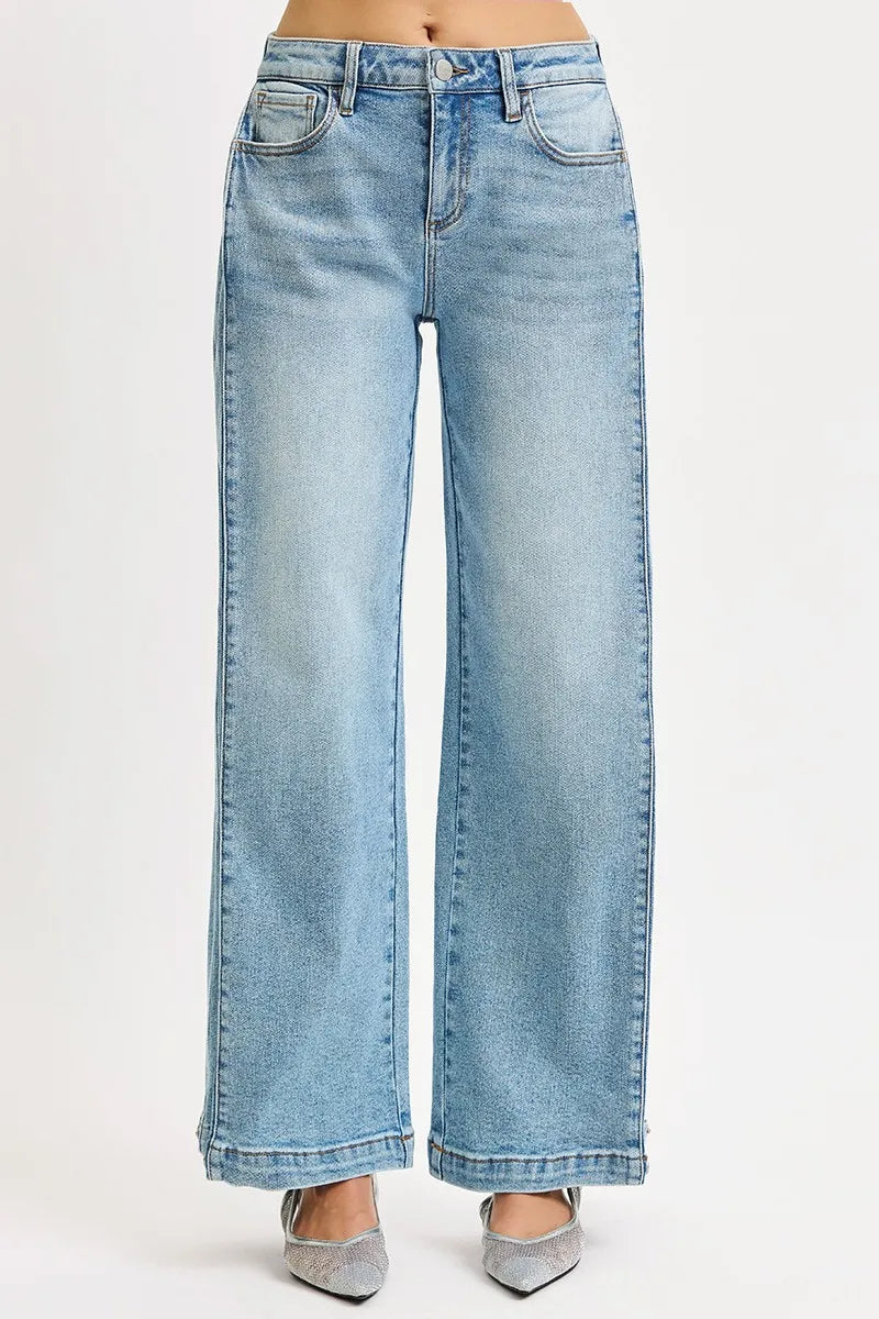 Risen Mid Rise Wide Barrel Transferable Leg Snap Jeans