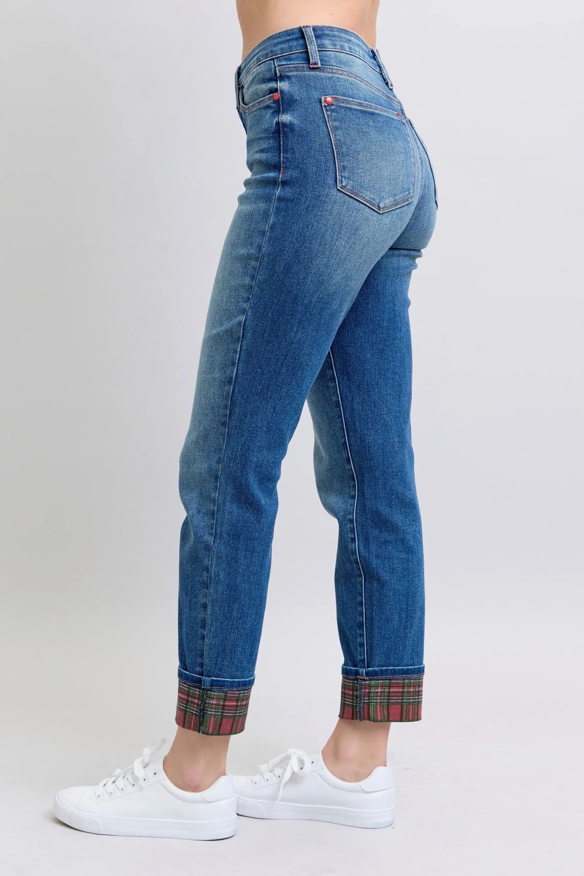 Judy Blue Plaid Print Cuff Boyfriend Jeans Plus Size