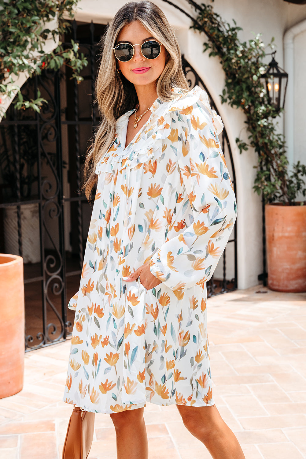 Yellow Floral Print Tie Neck Frilled Long Sleeve Mini Dress