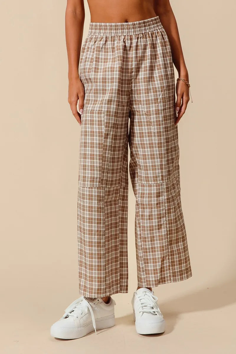 SO ME Check Plaid Wide Leg Pants with Big Patch Pockets