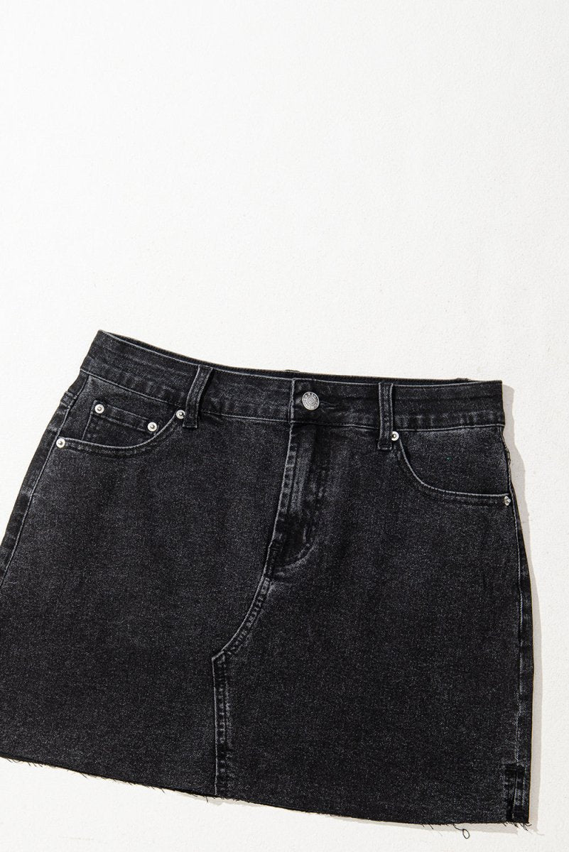 Carbon Grey Mineral Wash Ripped Raw Hem Denim Mini Skirt