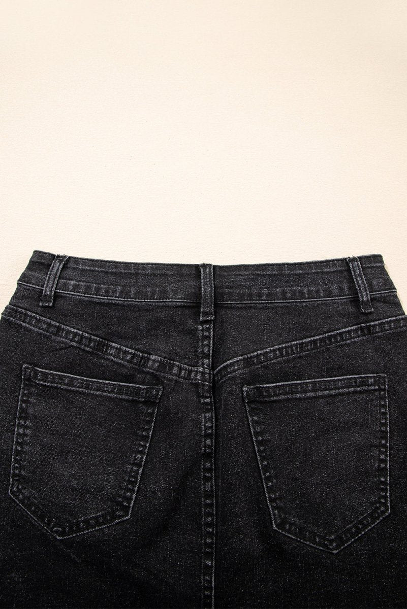 Carbon Grey Mineral Wash Ripped Raw Hem Denim Mini Skirt