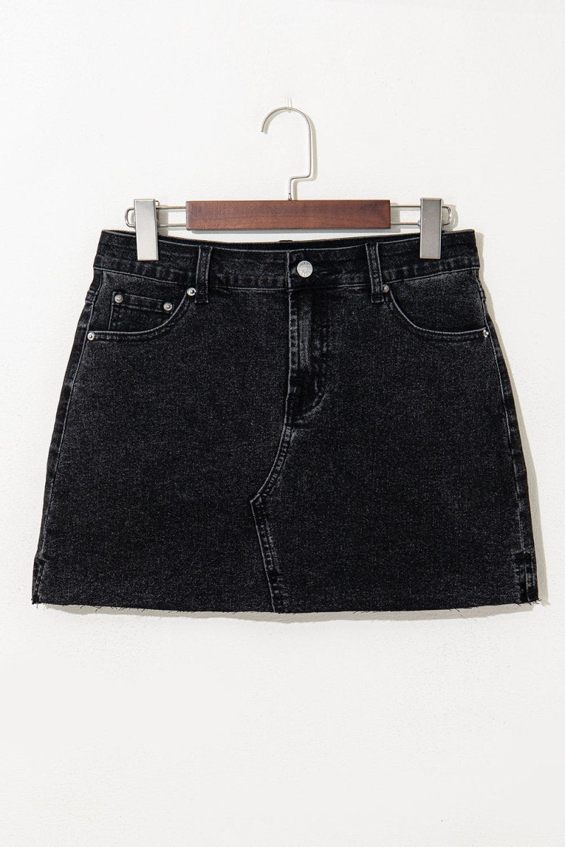 Carbon Grey Mineral Wash Ripped Raw Hem Denim Mini Skirt