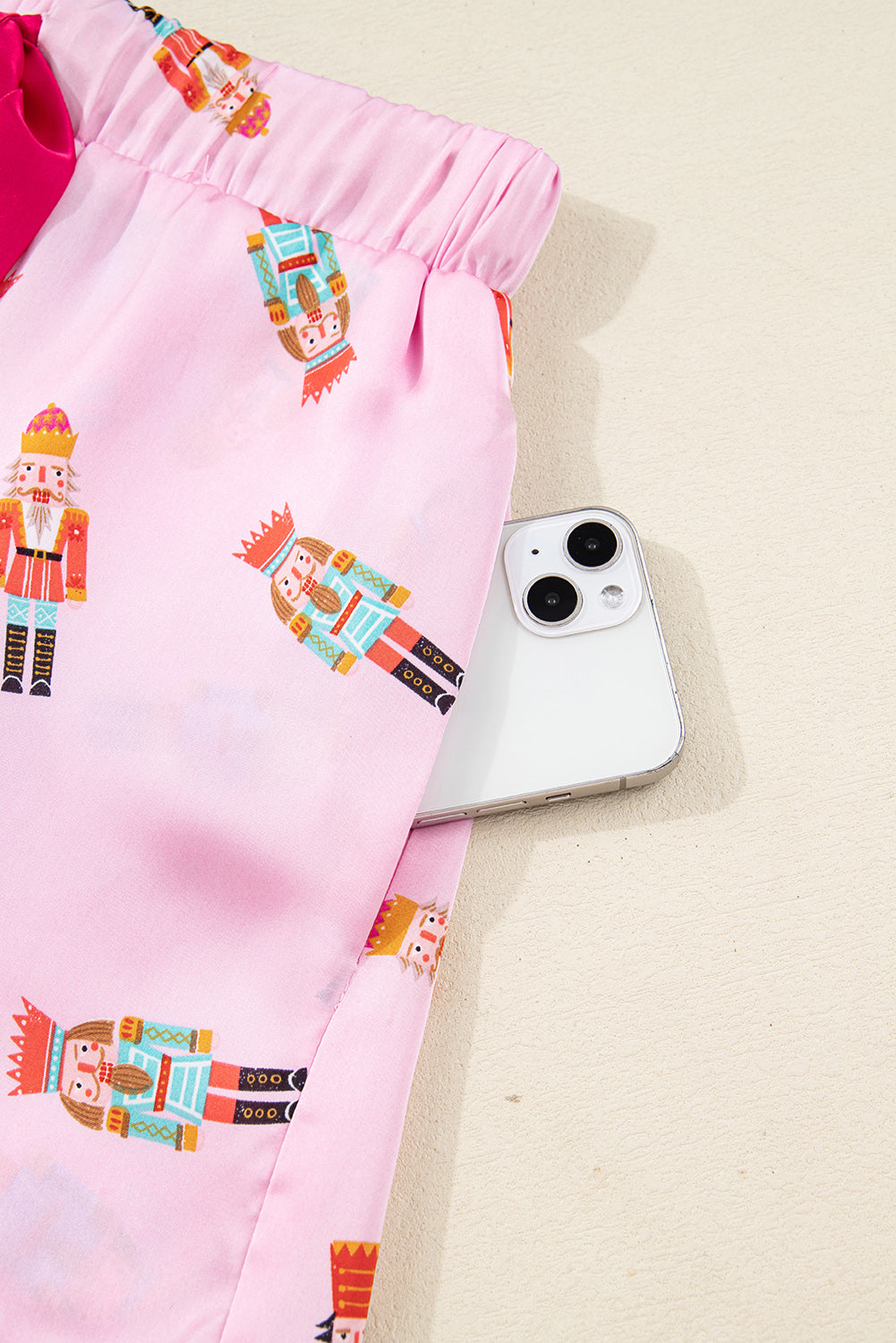 Pink Nutcracker Print Two Piece Pajama Set Contrast Trim Bow