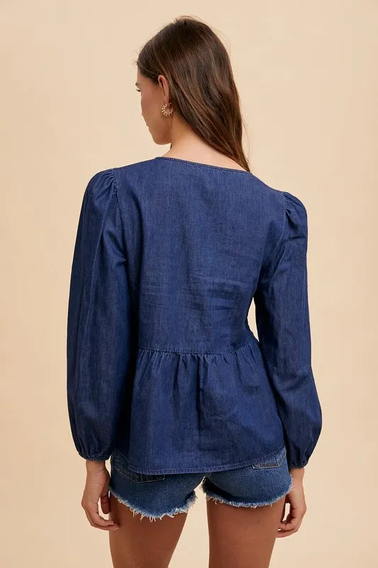 Trendsi Annie Wear Navy Blue Denim Peplum Top Small