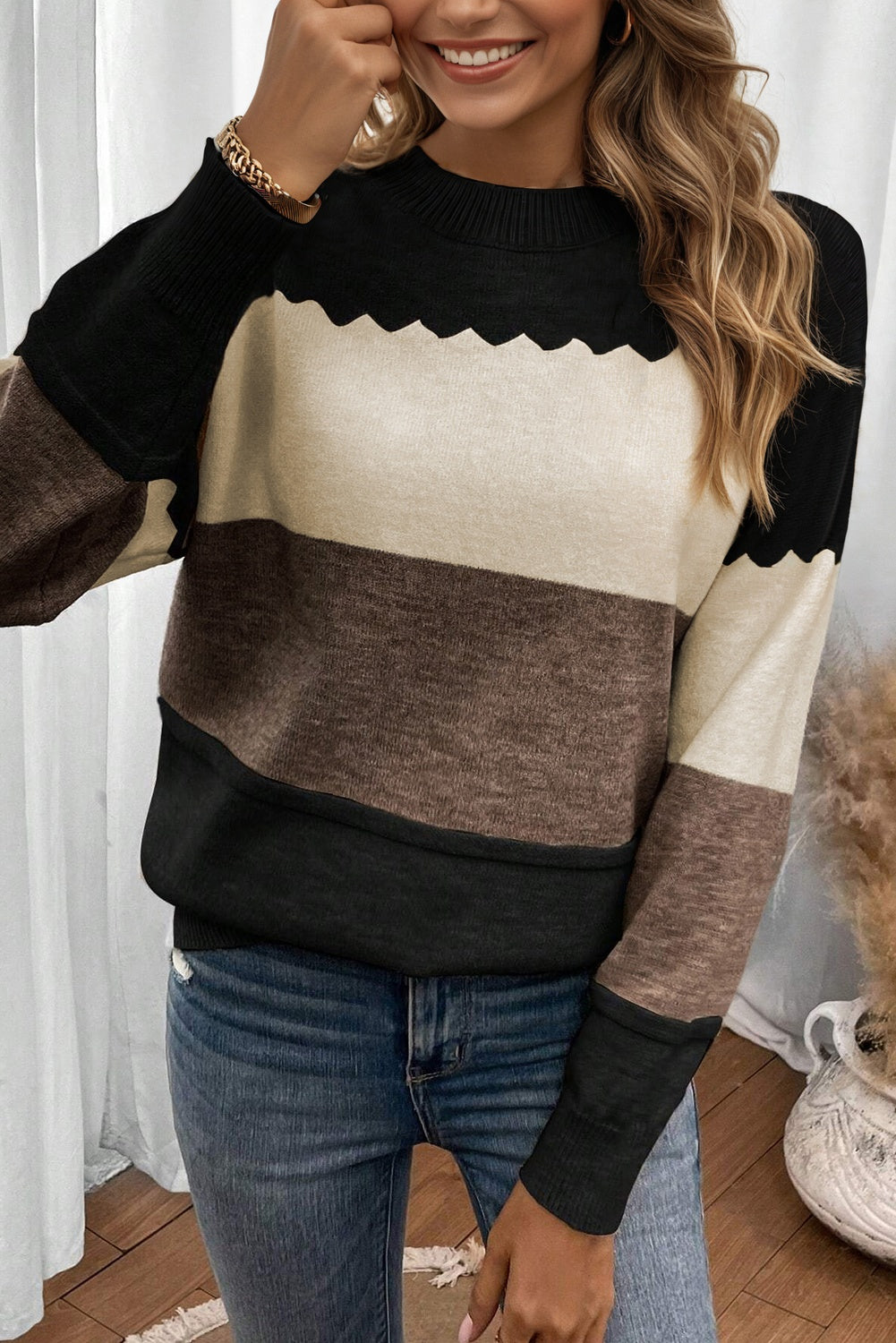 Black Colorblock Crew Neck Drop Shoulder Sweater Relaxed Fit