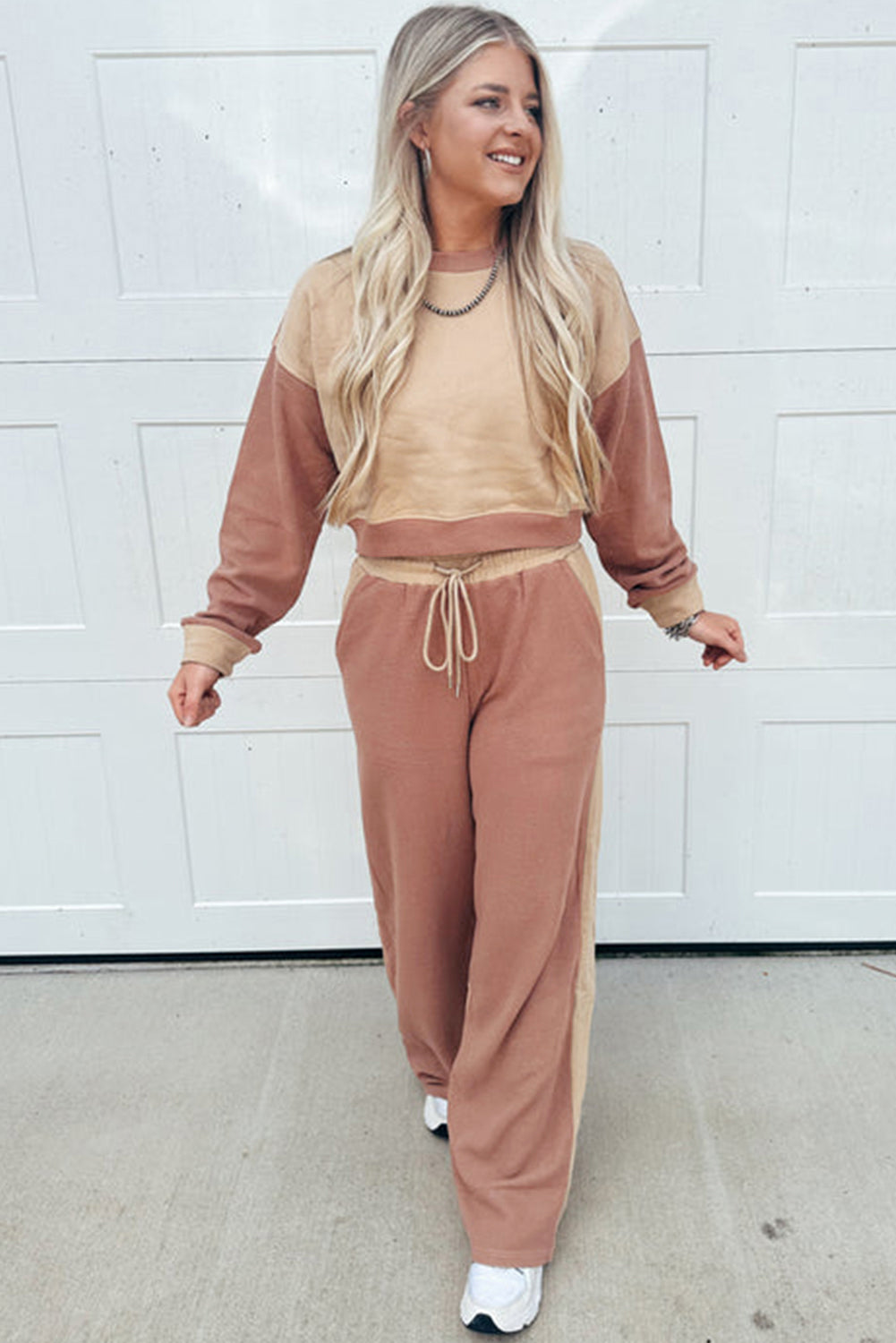 Premium Khaki Color Block Long Sleeve Crop Top Drawstring Pants Set