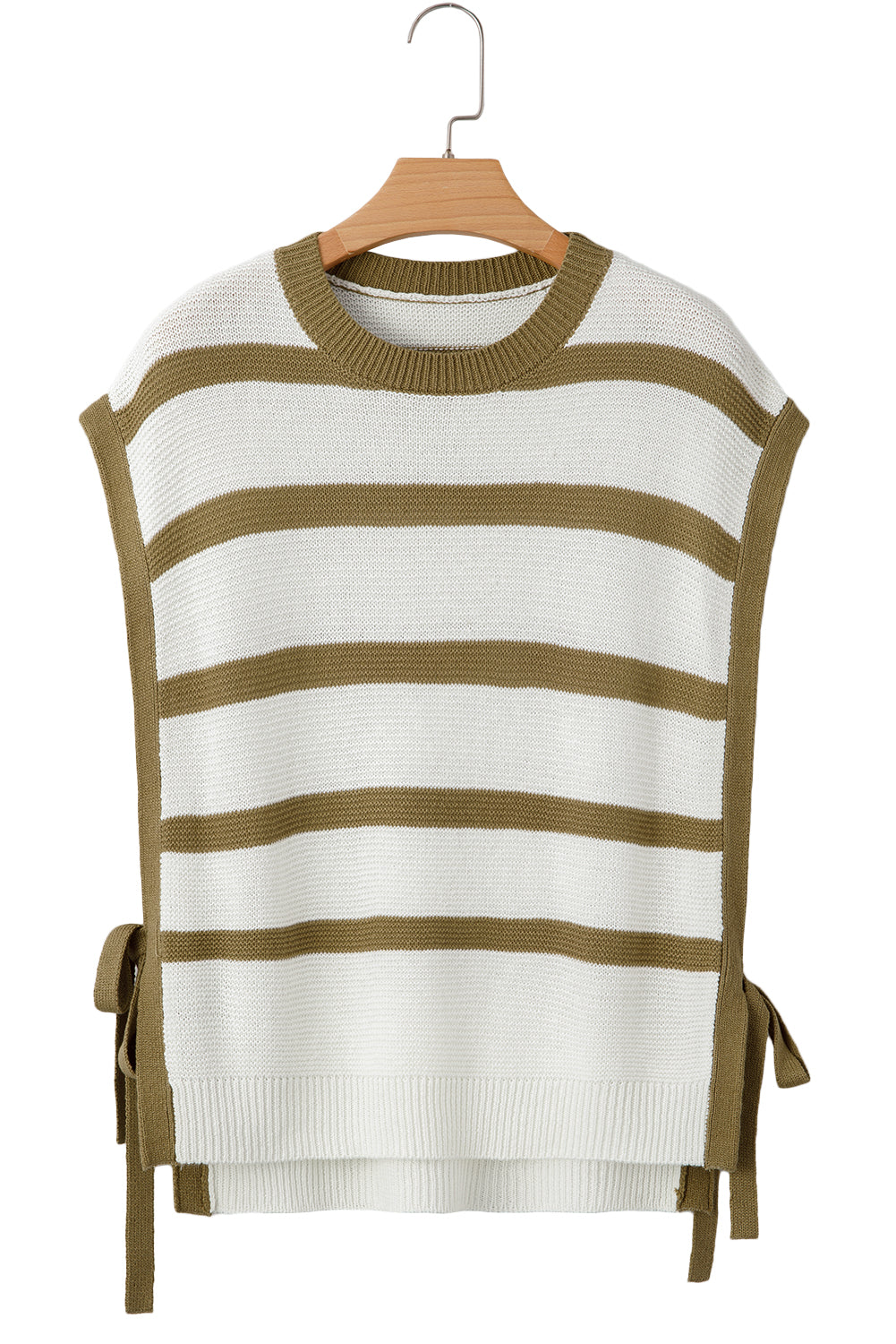 Khaki Stripe Tie Open Side Sweater Knitted Top for Women