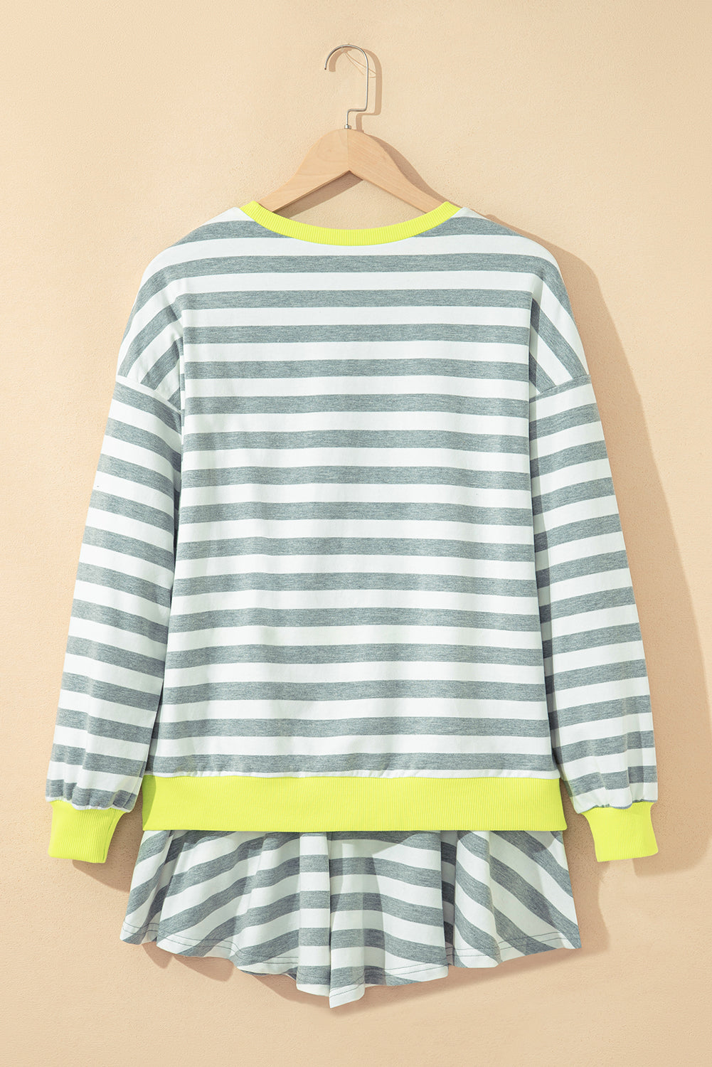 Premium Gray Stripe Ribbed Long Sleeve Blouse Plus Shorts Set