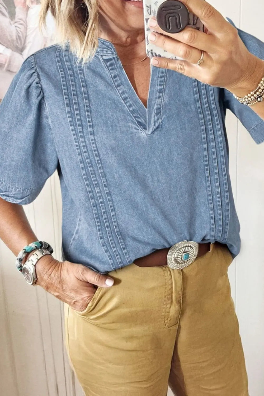 Casual Notched Puff Sleeve Denim Top