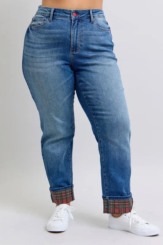 Judy Blue Plaid Print Cuff Boyfriend Jeans Plus Size