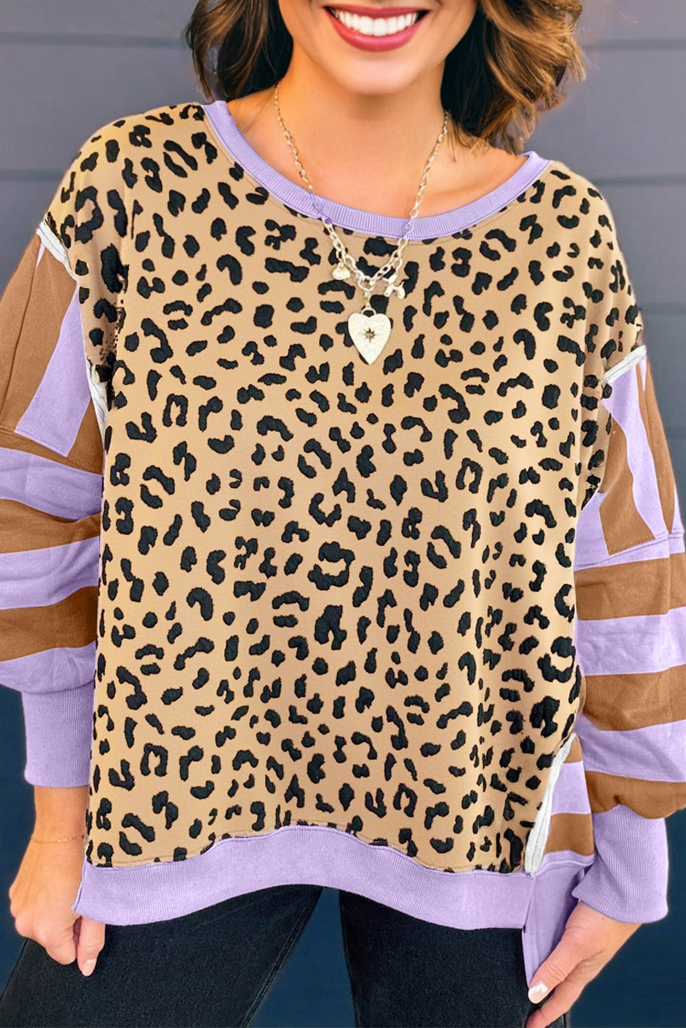 Premium Purple Leopard Striped Patchwork Plus Size Loose Sweatshirt