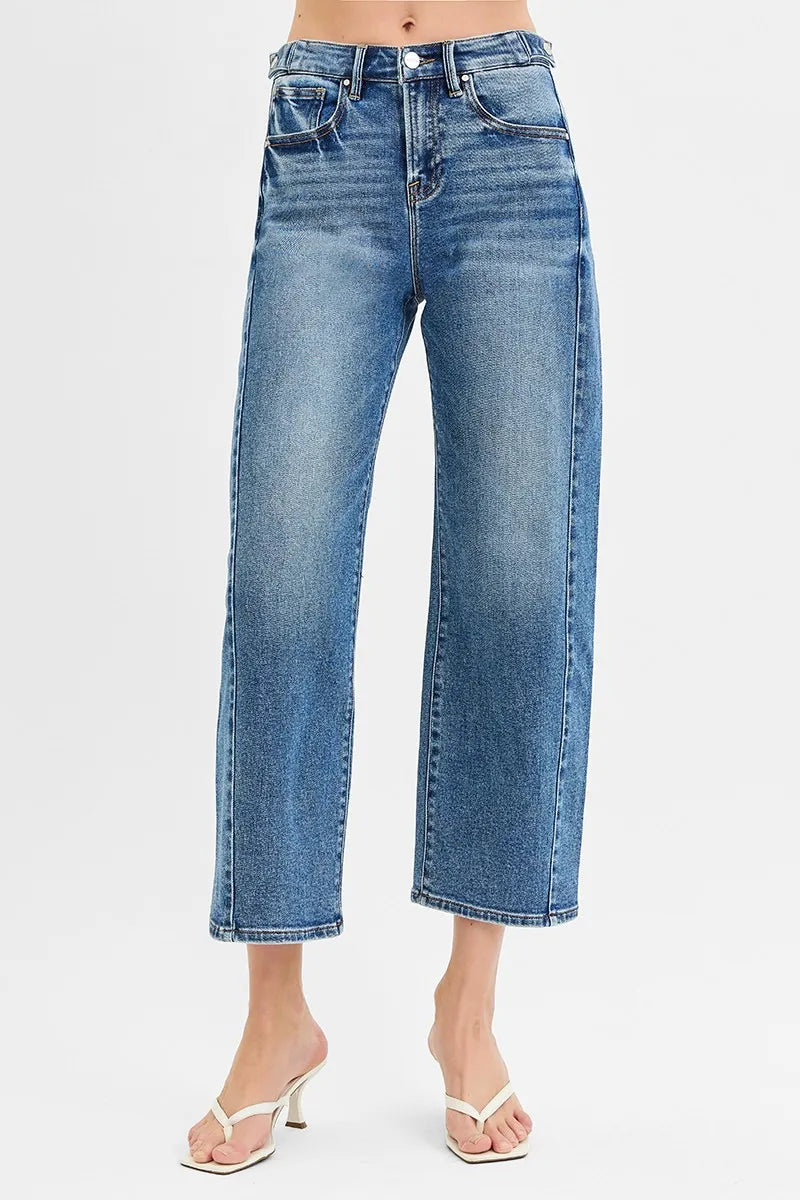 Risen High Rise Cropped Jeans Barrel Adjustable Waistband