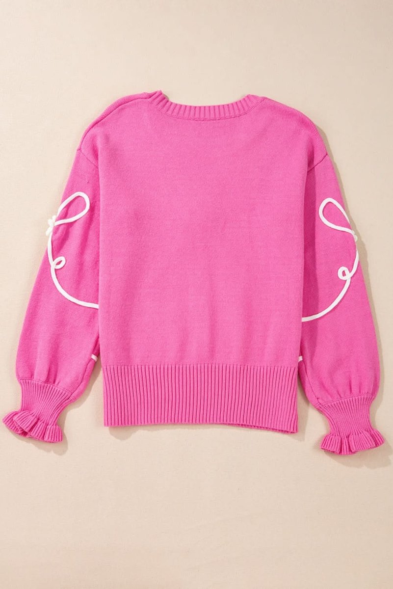 Charming Bright Pink Ribbed Trim Sweater with Flower Bow Detail