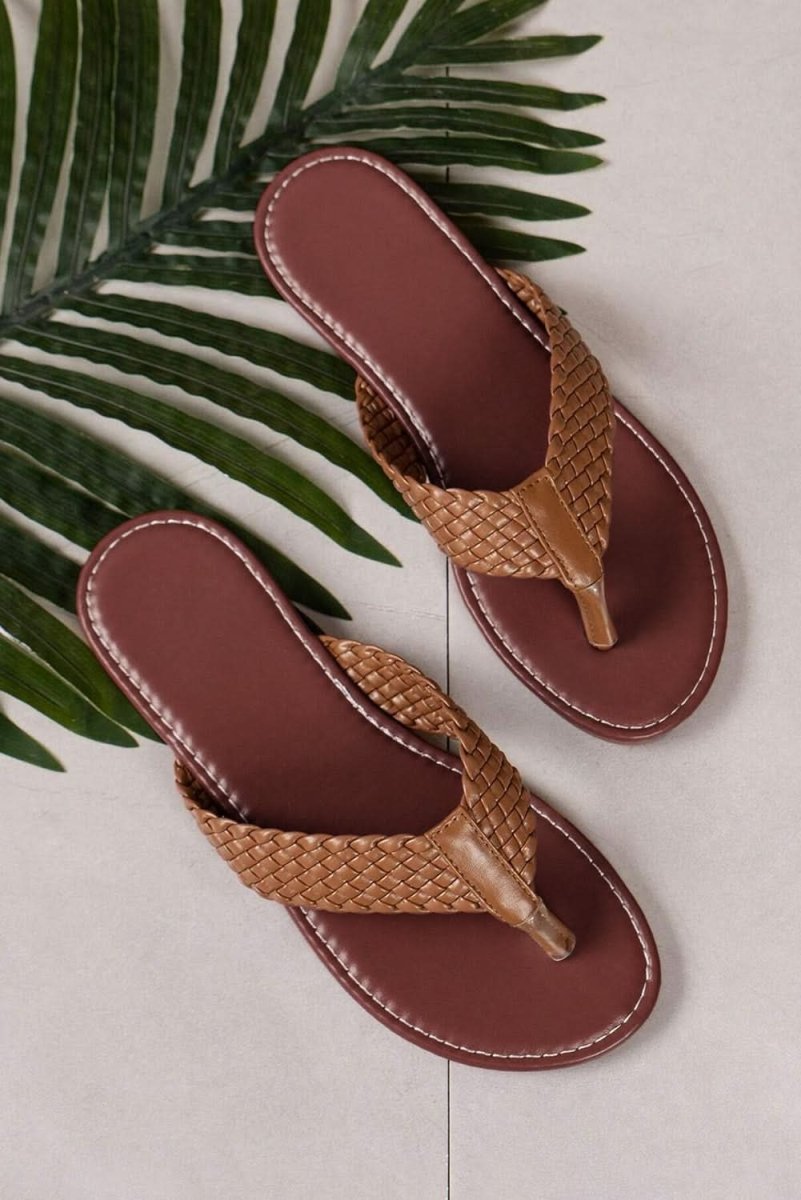 Chestnut Braided Strap PU Leather Flip Flop