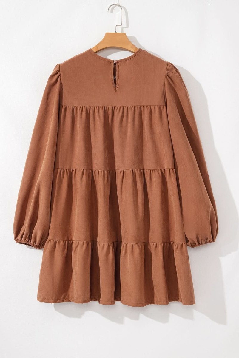 Chestnut Floral Lace Crochet Tiered Ruffled Mini Dress