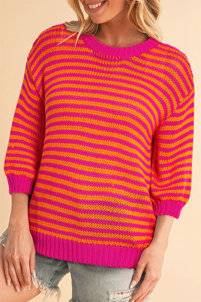 Chic Rose Striped 3/4 Puff Sleeve Drop Shoulder Knit Sweater