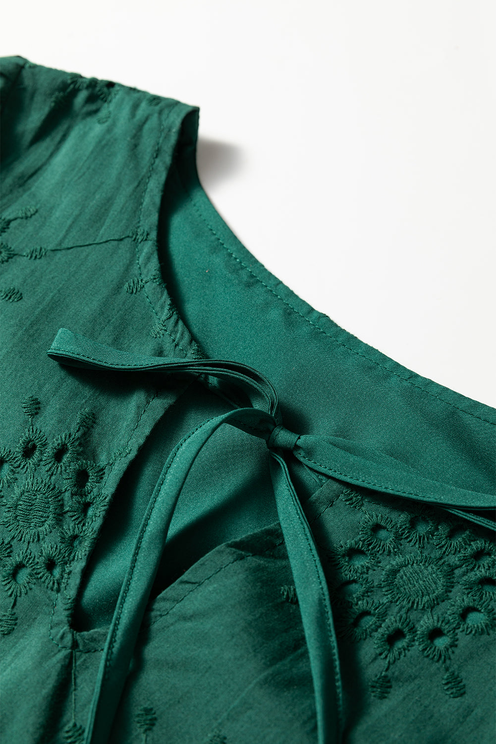 Blackish Green Eyelet Embroidered Swing Dress Puff Sleeve