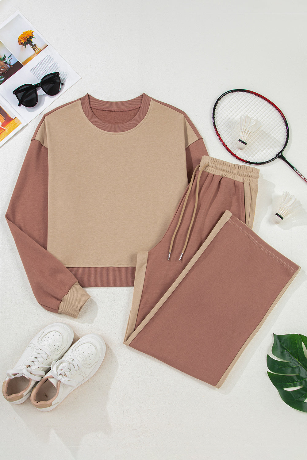 Premium Khaki Color Block Long Sleeve Crop Top Drawstring Pants Set
