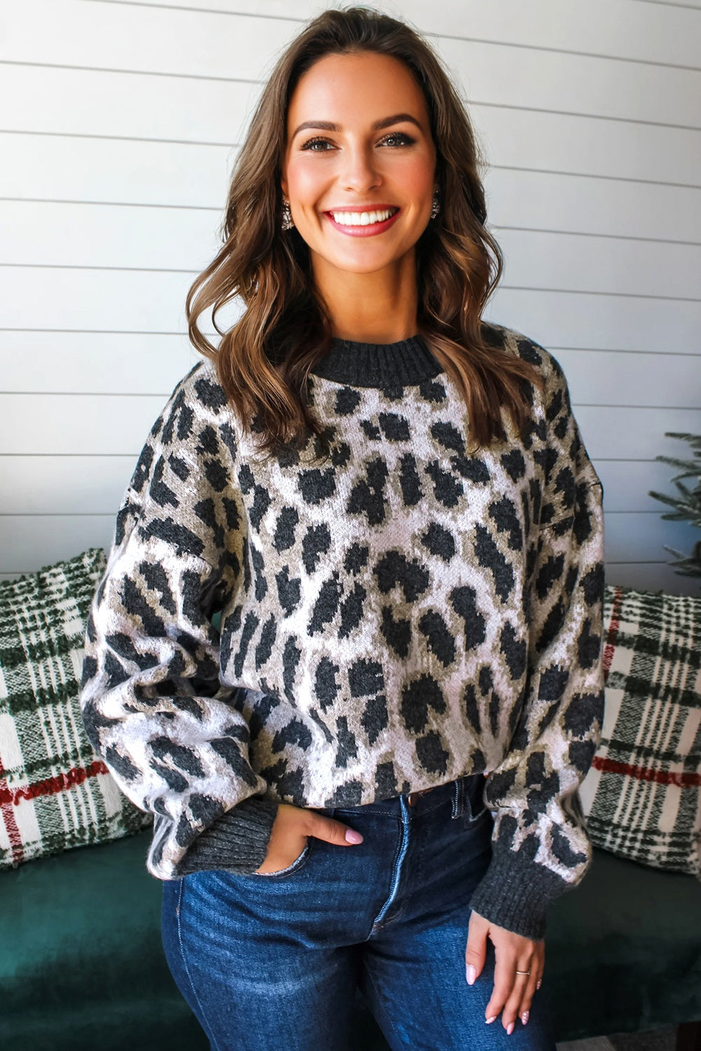 Carbon Grey Leopard Drop Shoulder Baggy Knit Sweater