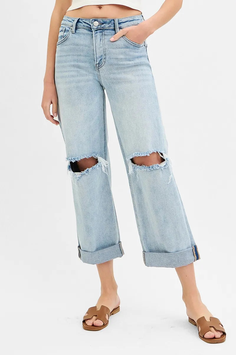 Risen Plus Size Boyfriend Jeans With Cuffed Hem Wide Leg