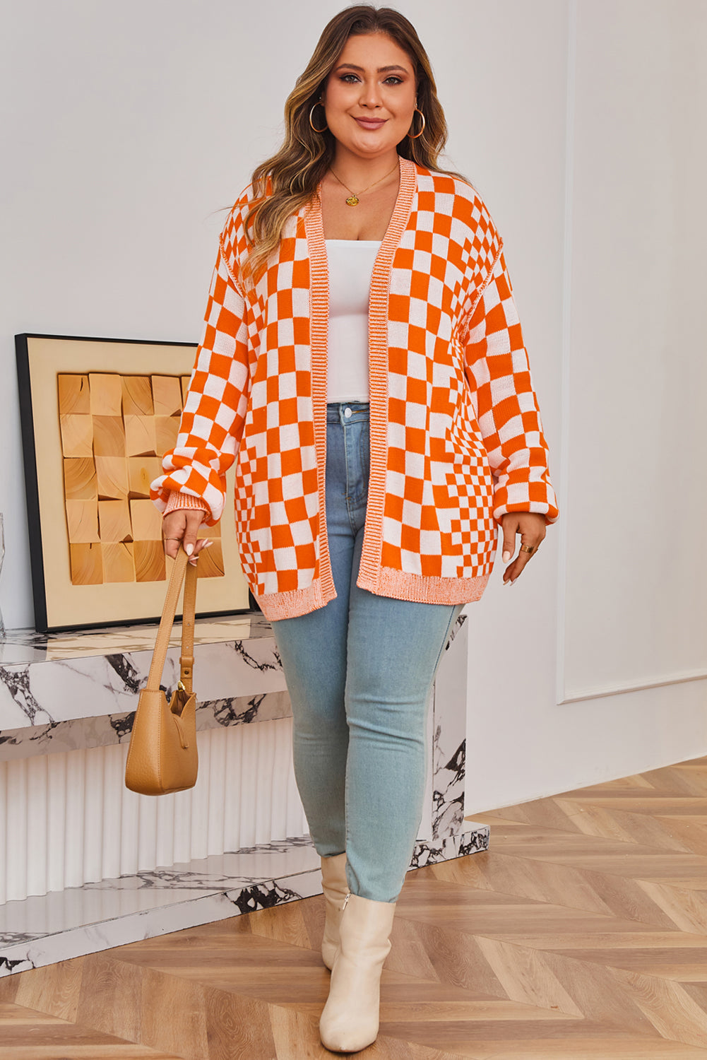 Orange Checkered Bubble Sleeve Drop Shoulder Open Cardigan