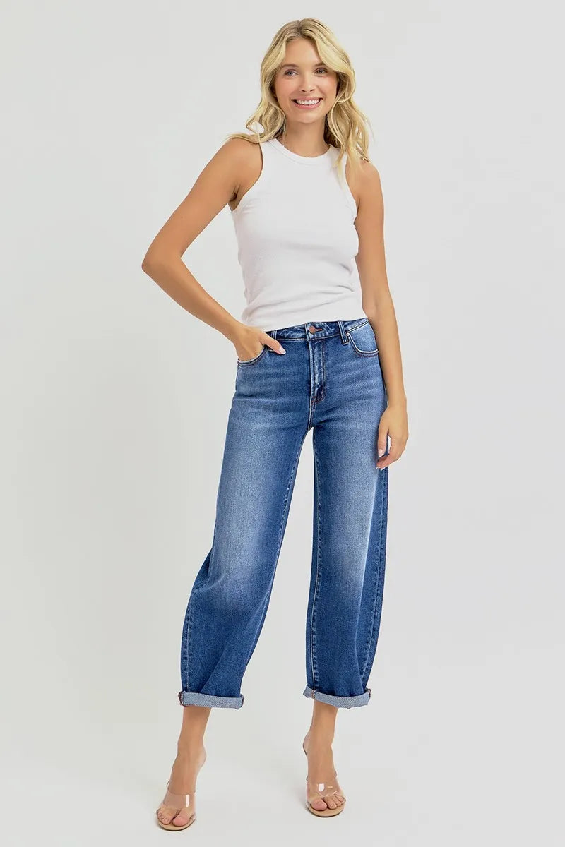 Risen Plus Size High Rise Crop Barrel Jeans With Mild Wash