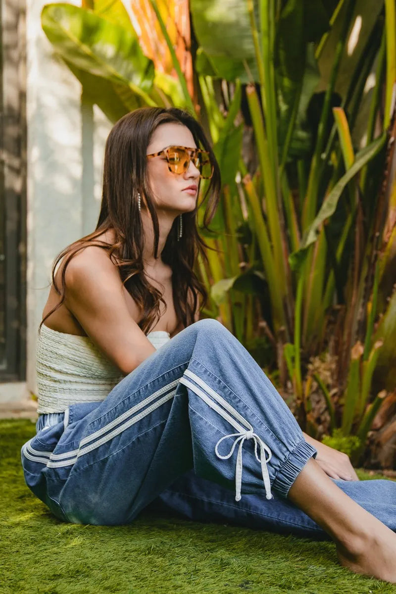 BiBi Striped Tape Details With Bot Tied Point Elastic Waist Jeans