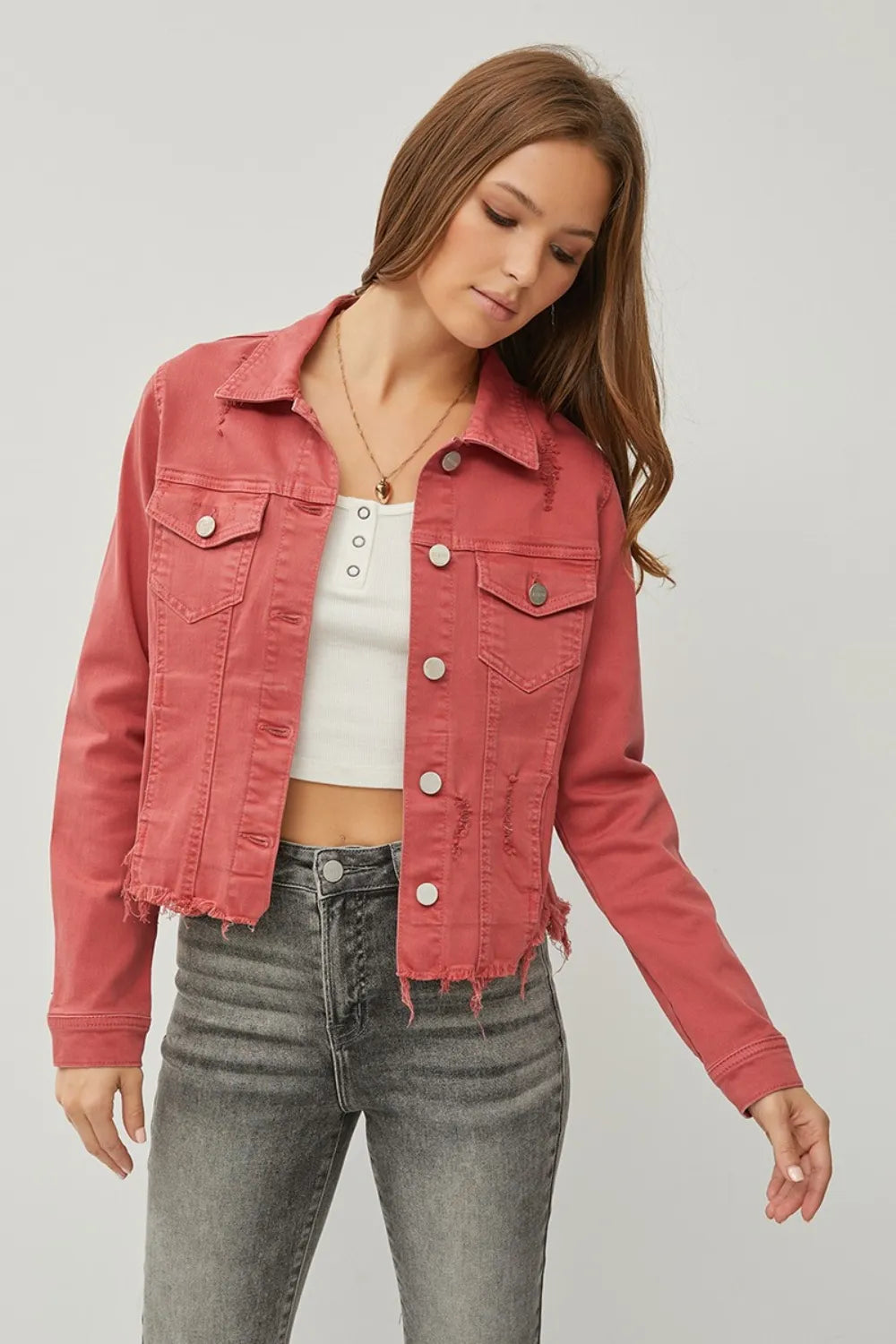 Risen Full Size Raw Hem Button Up Cropped Denim Jacket Plus Size