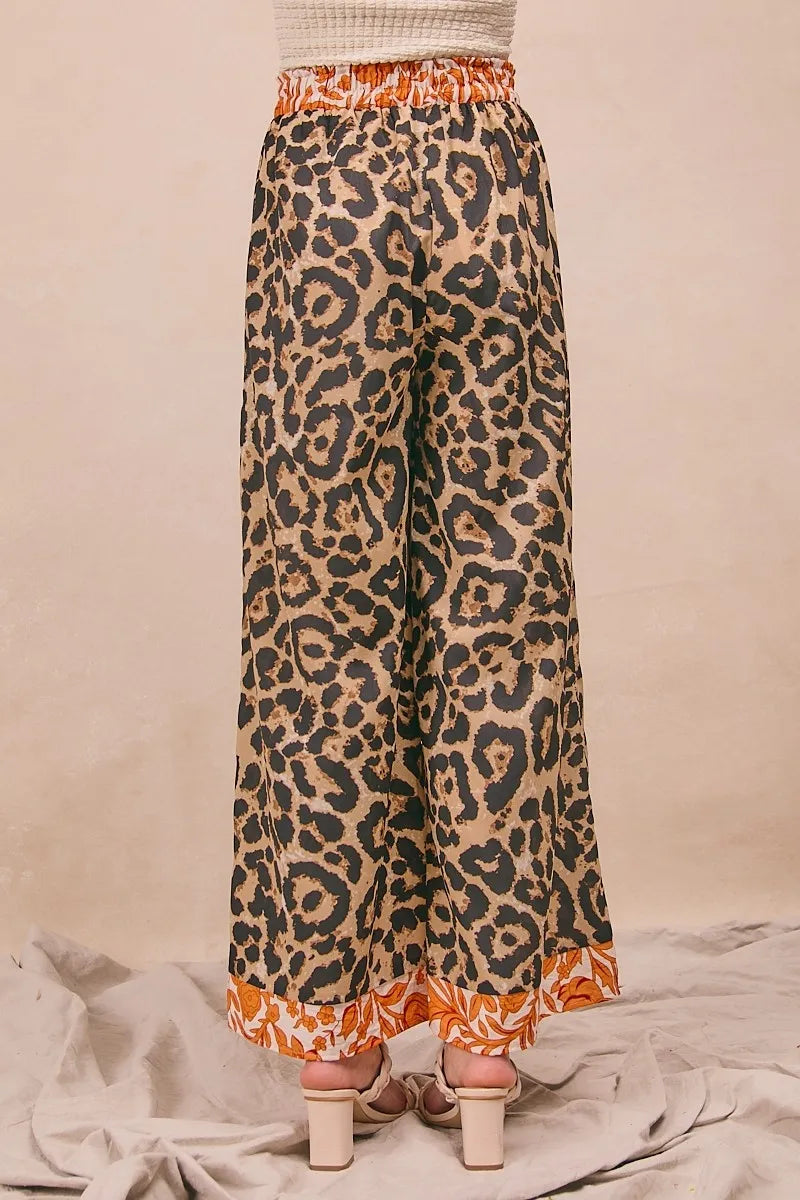 BiBi Leopard Print With Contrast Banded Wide Pants