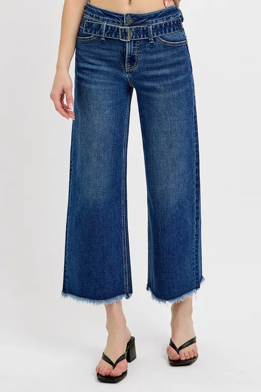 Risen Raw Hem Wide Leg Attached Buckle Jeans