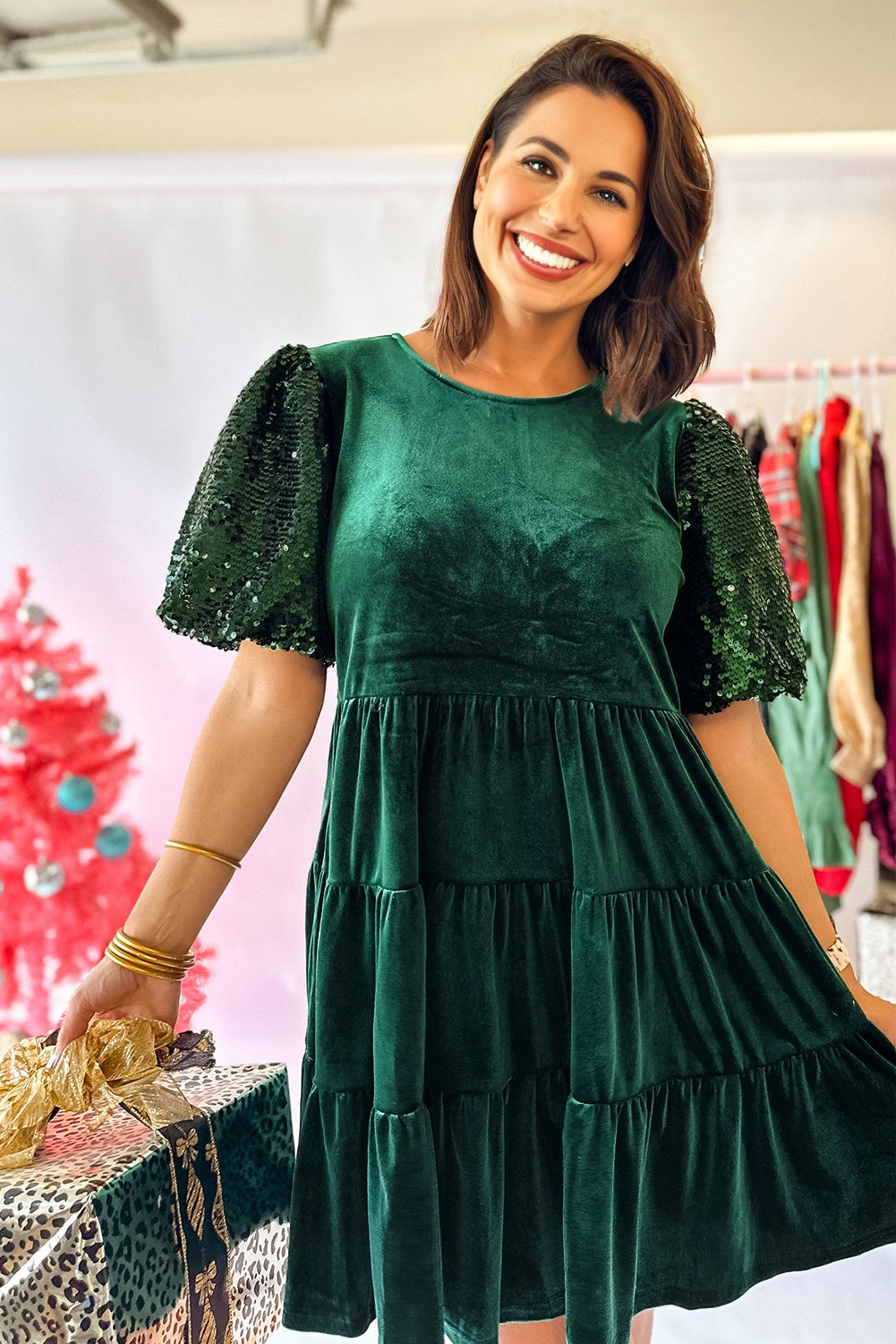 Evergreen Sequin Puff Sleeve High Waist Velvet Mini Dress