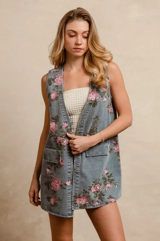 BiBi Floral Print Washed Denim Long Rider Vest