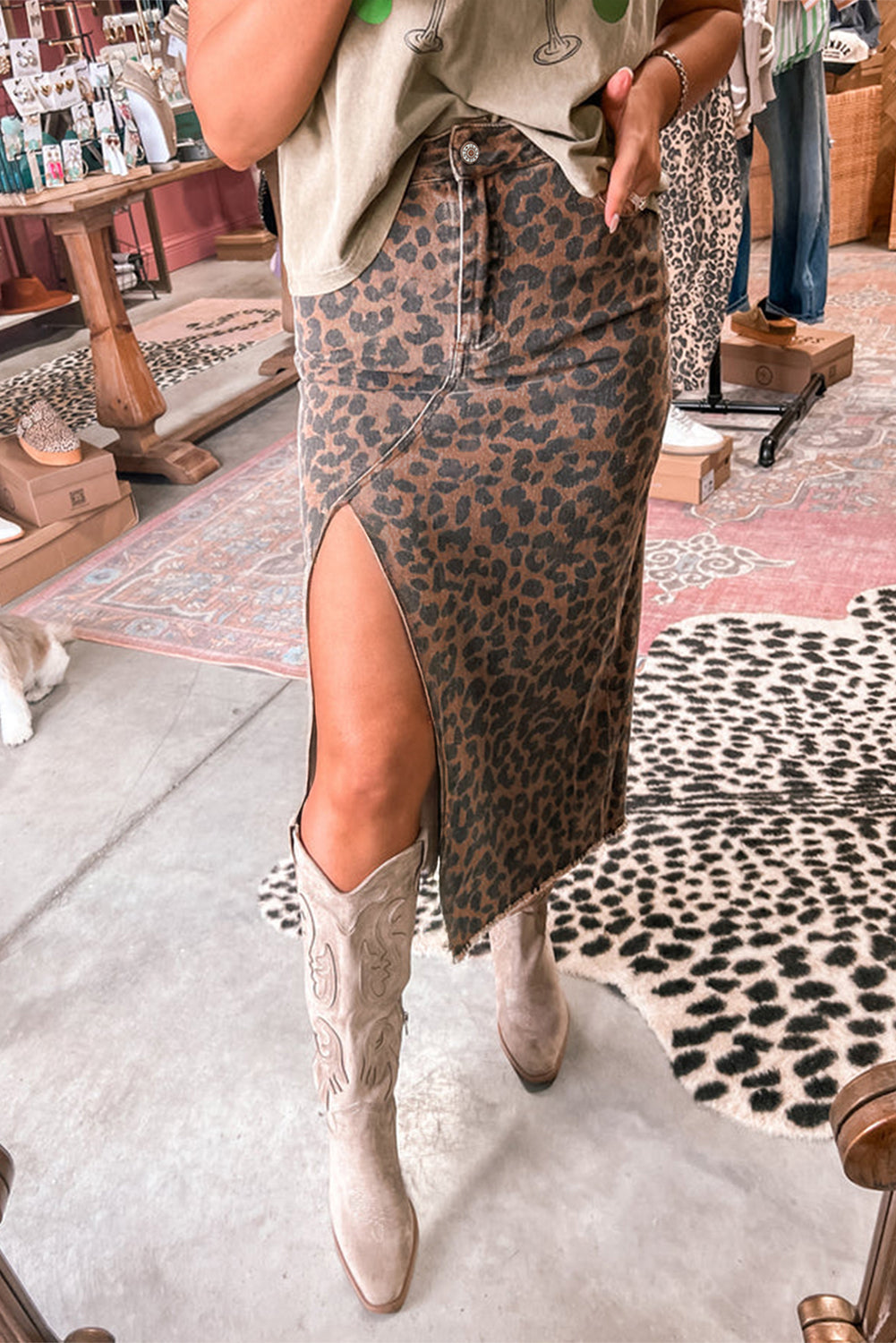 Brown Leopard Denim Frayed Split Denim Midi Skirt For Women