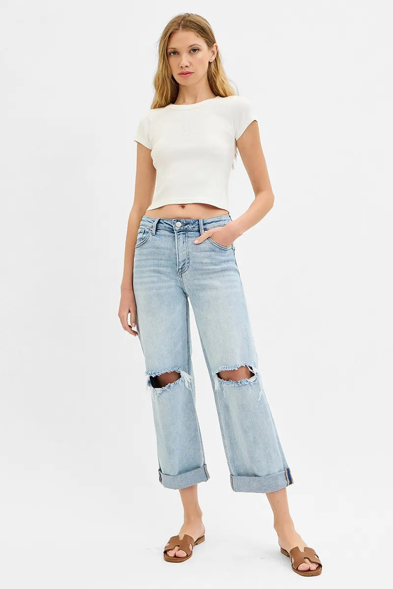 Risen Plus Size Boyfriend Jeans With Cuffed Hem Wide Leg
