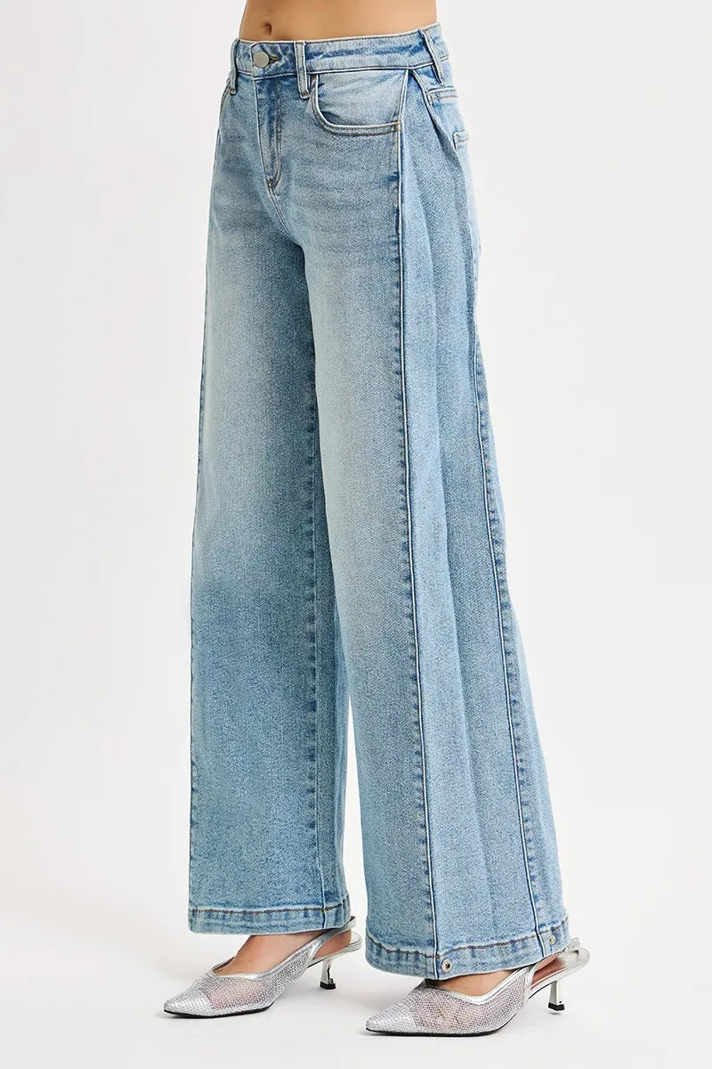 Risen Mid Rise Wide Barrel Transferable Leg Snap Jeans