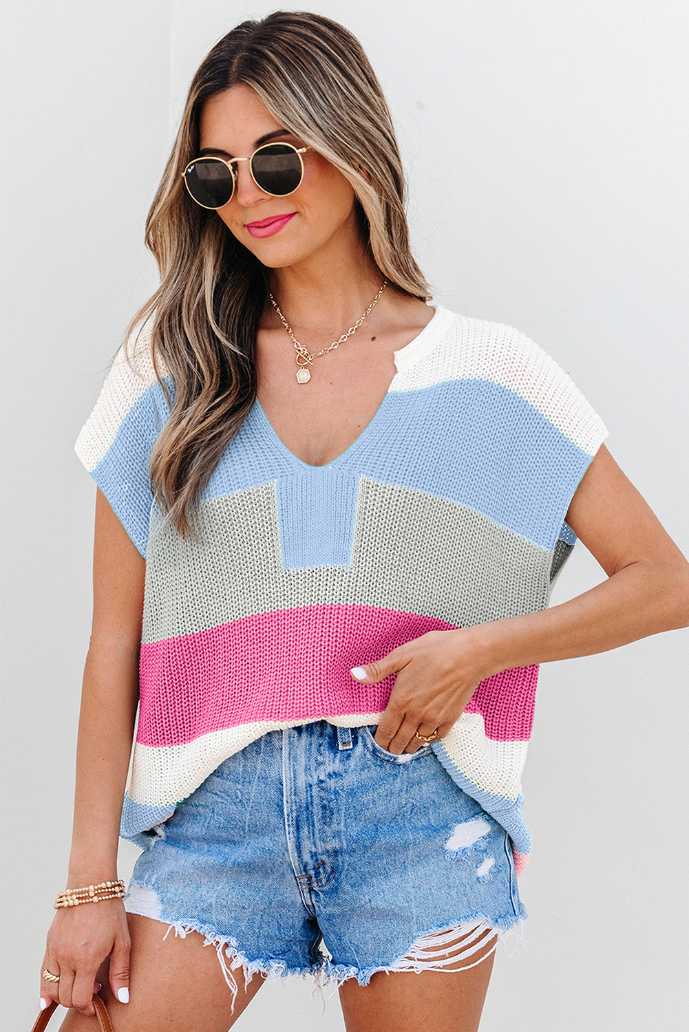 Light Blue Color Block Notch V Neck Sweater T Shirt for Women