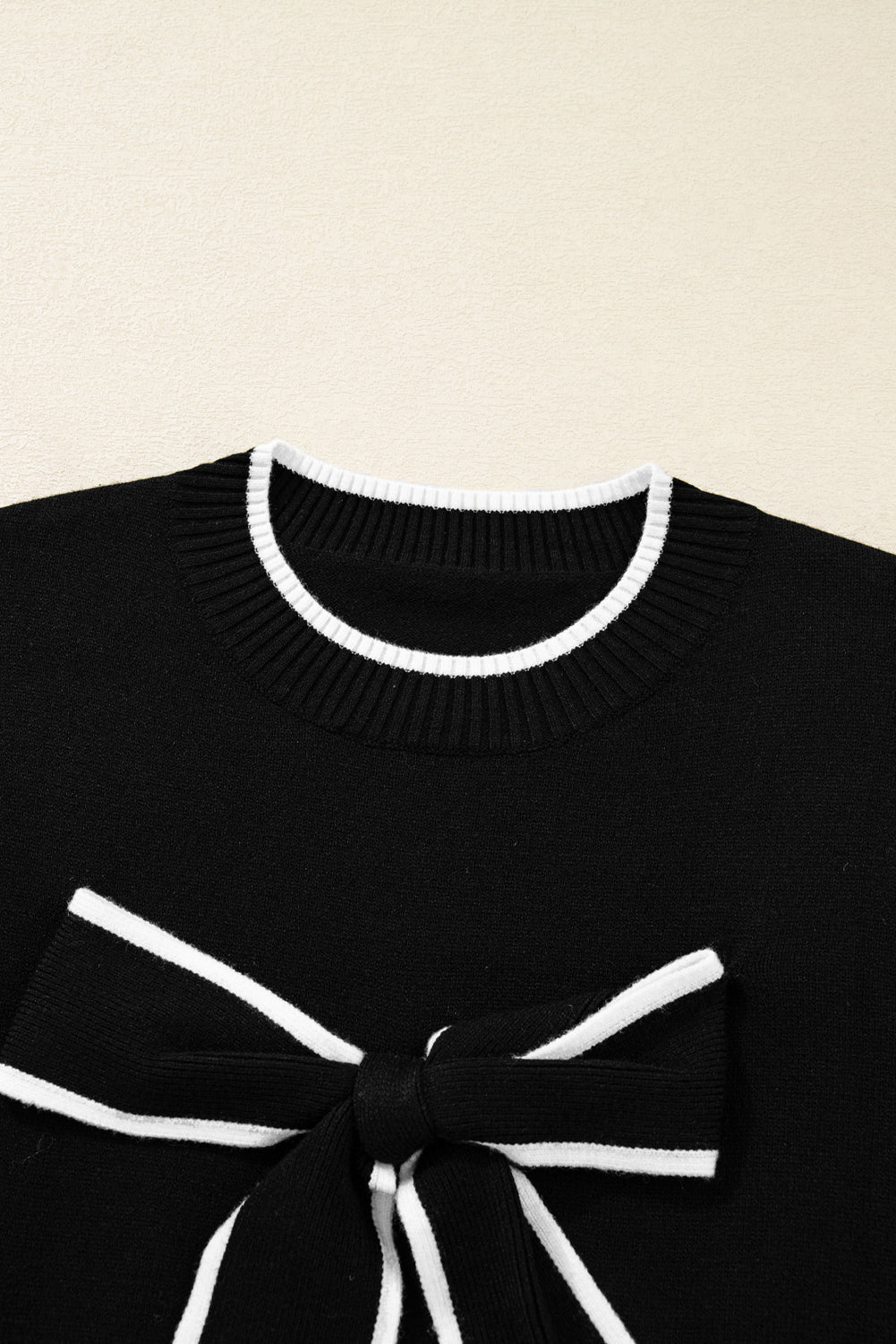 Black Contrast Trim Big Bow Accent Holiday Cropped Sweater