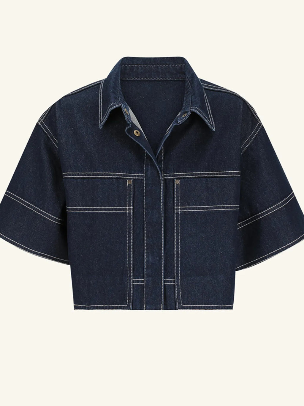 Cropped Short Sleeve Contrast Stitch Denim Top