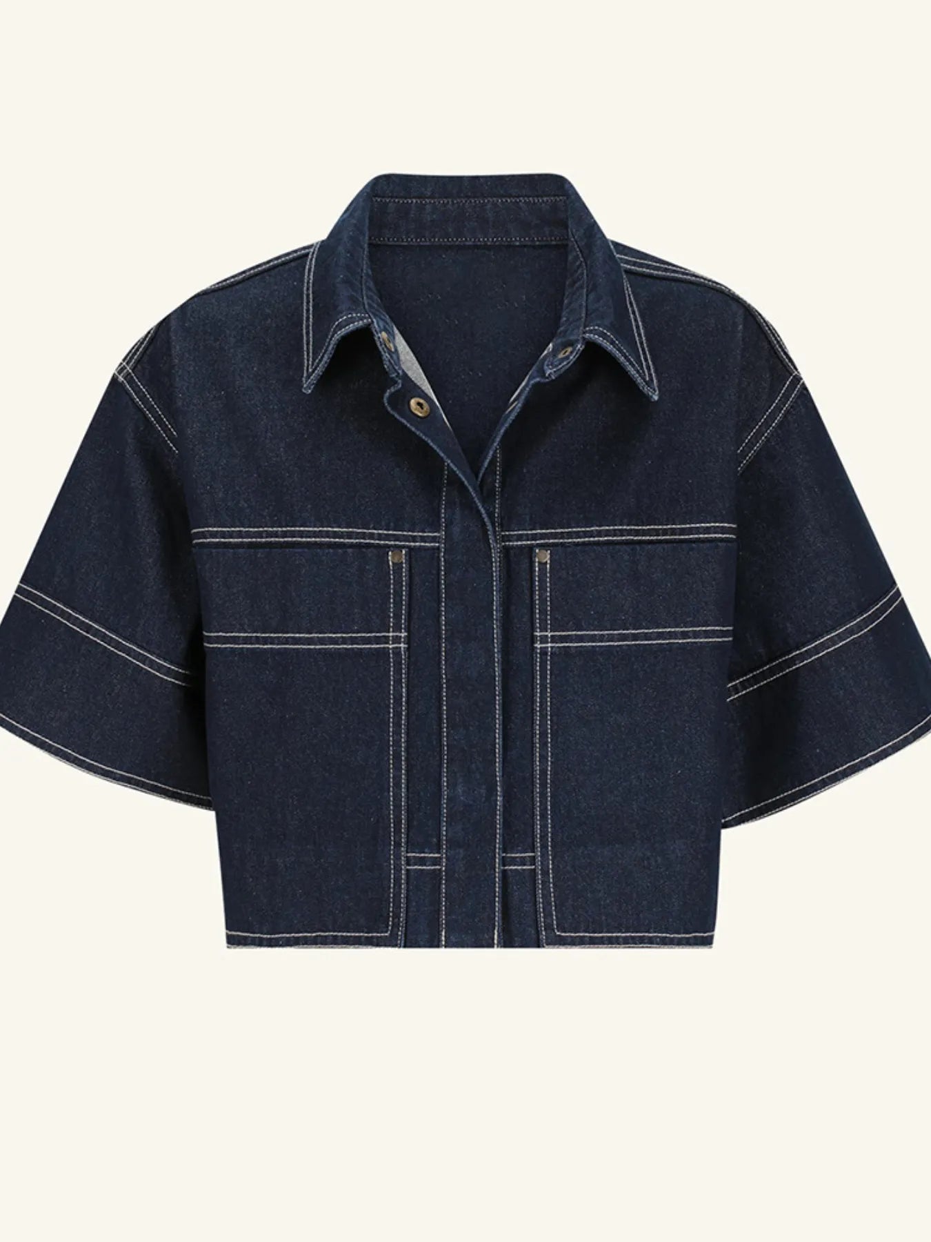 Cropped Short Sleeve Contrast Stitch Denim Top