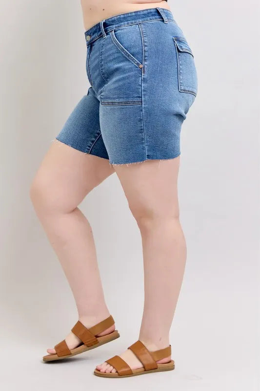 Judy Blue Mid Rise Bermuda Denim Shorts With Back Pockets