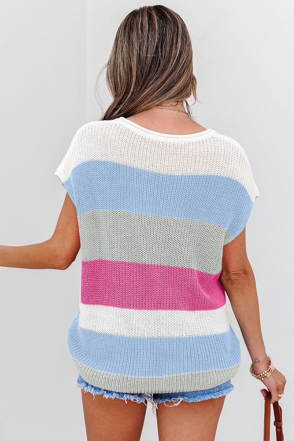Light Blue Color Block Notch V Neck Sweater T Shirt for Women