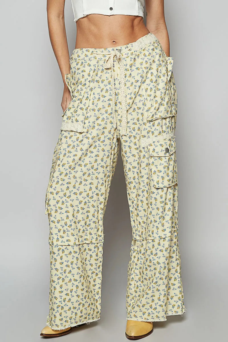 POL Floral Cargo Wide Leg Pants with Lace Drawstring