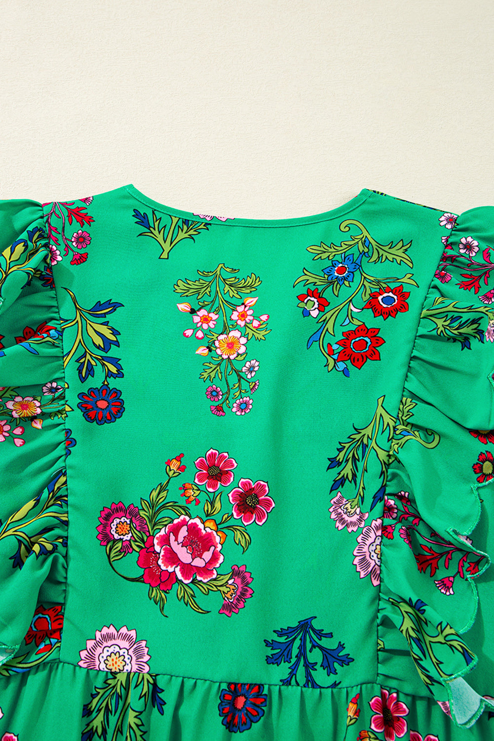 Premium Green Floral Ruffled Three Quarter Sleeve Buttoned Dress