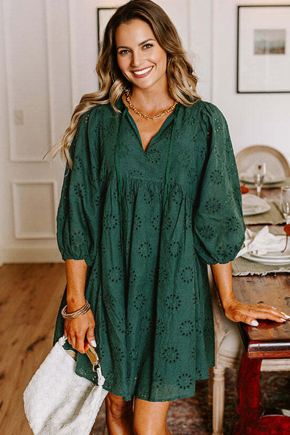 Blackish Green Eyelet Embroidered Swing Dress Puff Sleeve