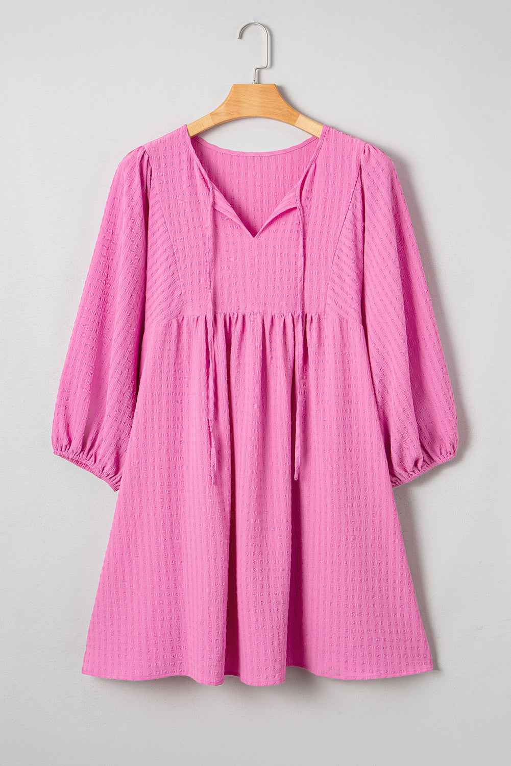 Premium Sachet Pink Plus Size Textured Tie Split Neck Puff Sleeve Flowy Mini Dress