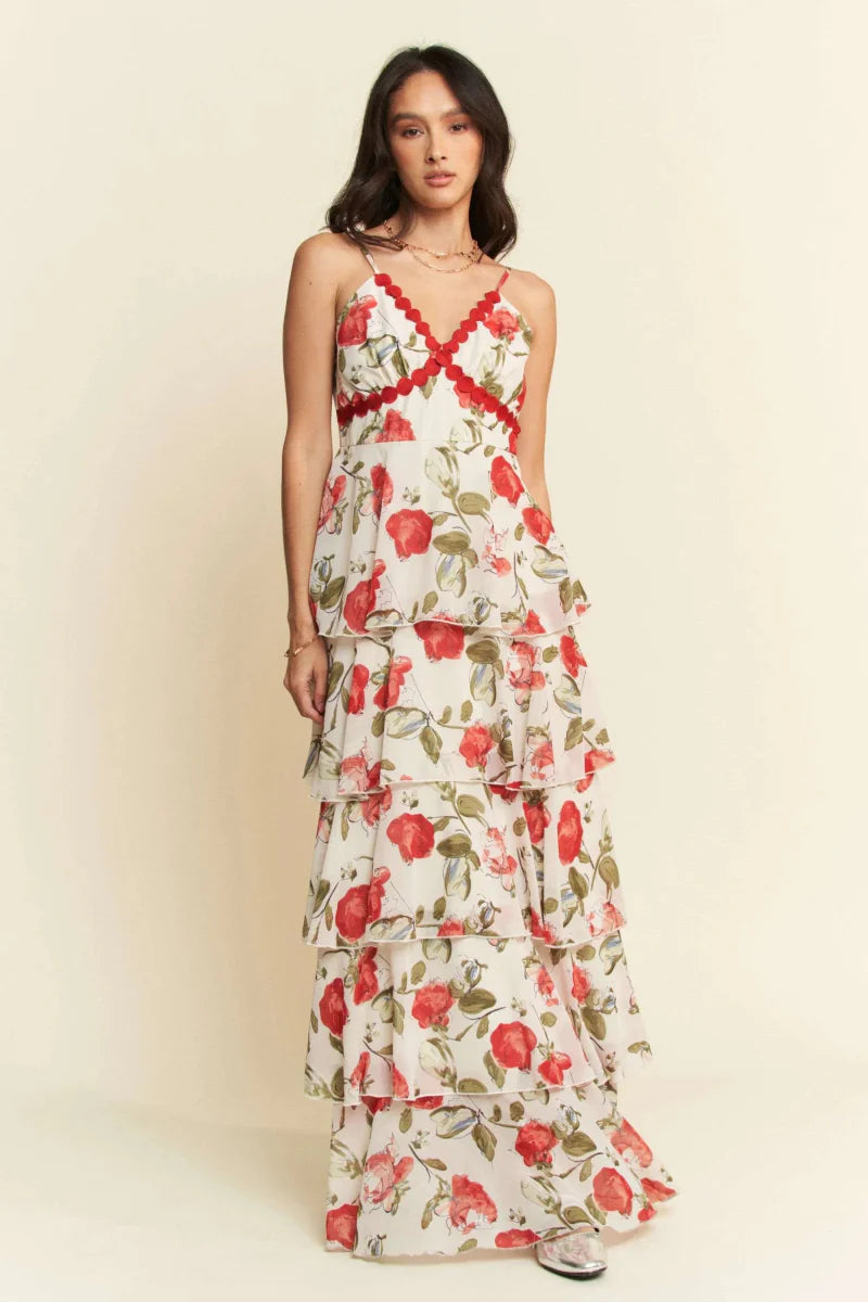 Davi & Dani Contrast Ring Lace Layered Ruffle Maxi Dress